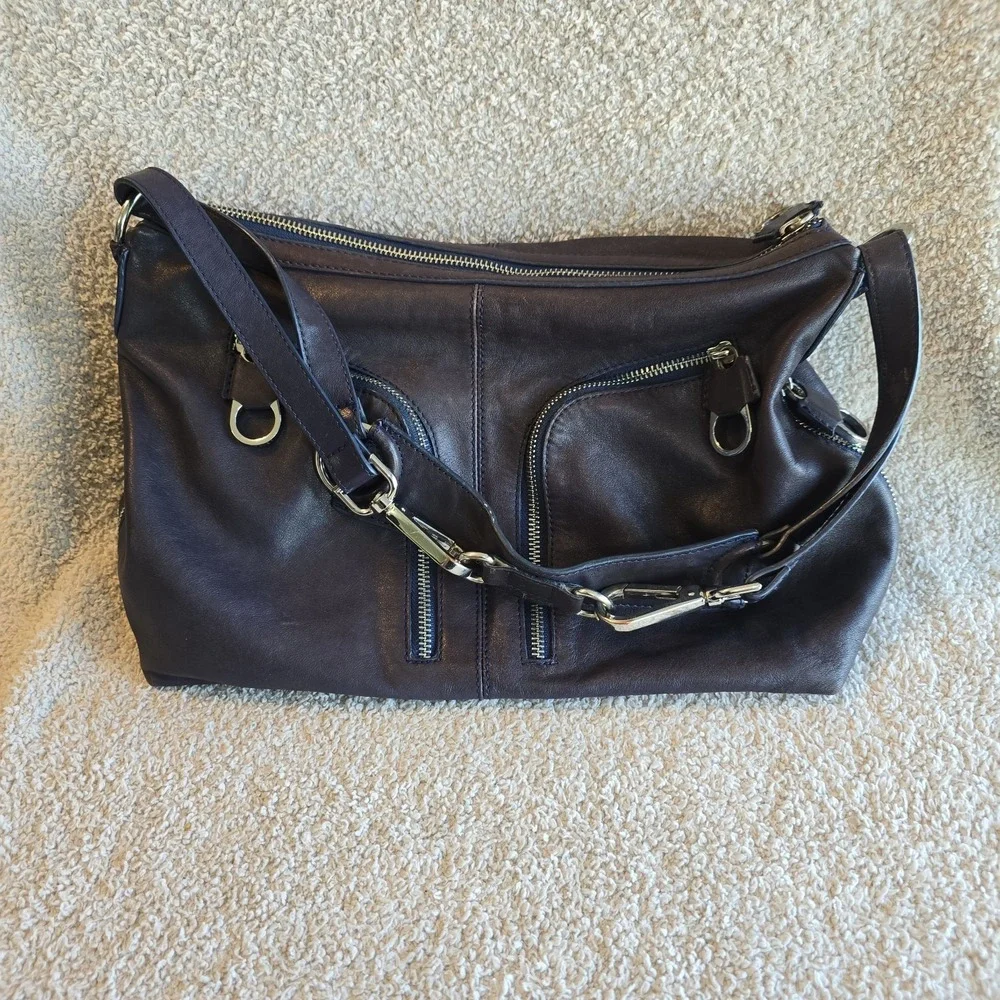Ted Baker Leather Hobo Shoulder Bag Purse Dark Purple Plum Buckle Accents